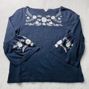 J. Crew Womens Navy Blue Bell Sleeve Embroidered Boho Blouse Top Size Large